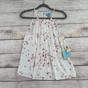CeCe Pleated Floral Sleeveless Tank Blouse Women's Size Small White/Pink NEW